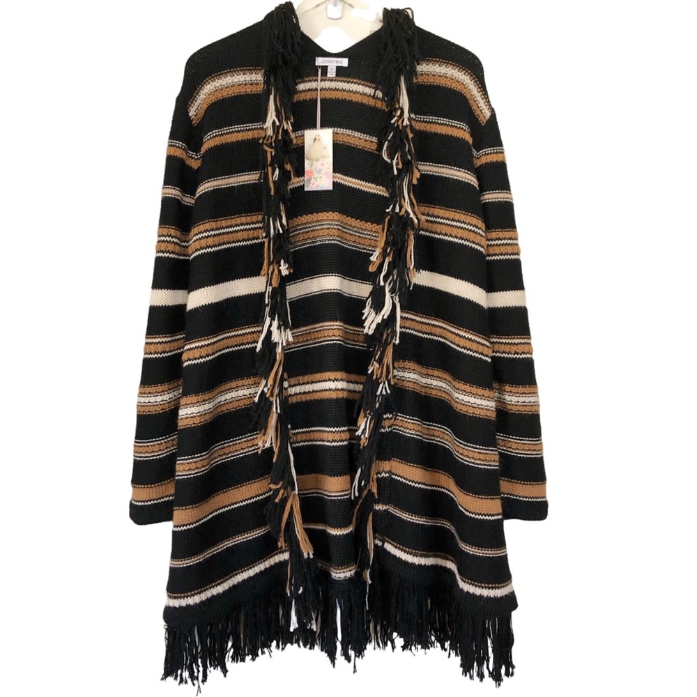 Johnny Was | NWT Alpaca Blend Black Tan Striped Fringe Boho Cardigan Small